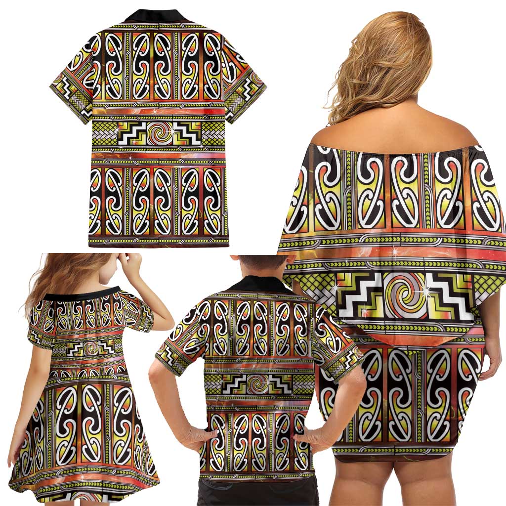 Maori Matariki Family Matching Off Shoulder Short Dress and Hawaiian Shirt Yellow Galaxy Aesthetic Koru Art LT01 - Polynesian Pride