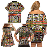 Maori Matariki Family Matching Off Shoulder Short Dress and Hawaiian Shirt Yellow Galaxy Aesthetic Koru Art LT01 - Polynesian Pride