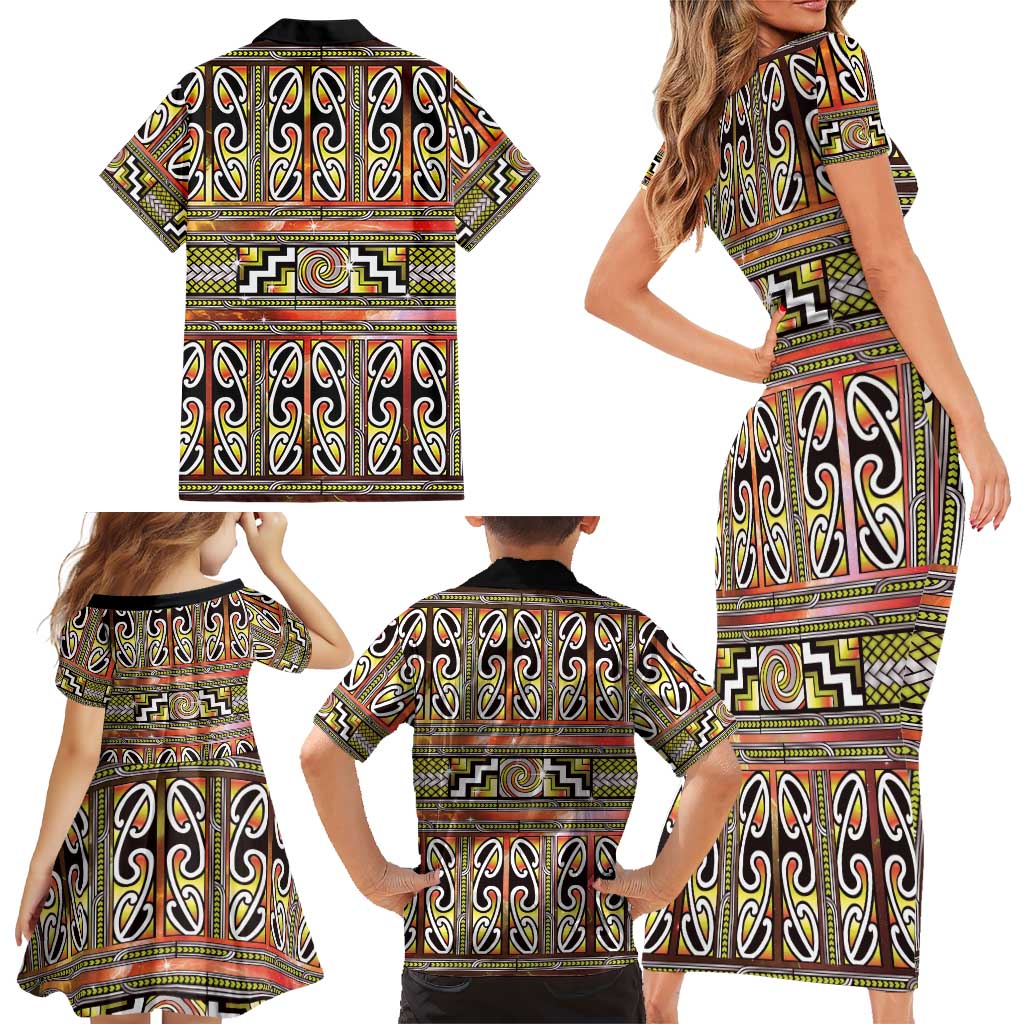 Maori Matariki Family Matching Short Sleeve Bodycon Dress and Hawaiian Shirt Yellow Galaxy Aesthetic Koru Art LT01 - Polynesian Pride