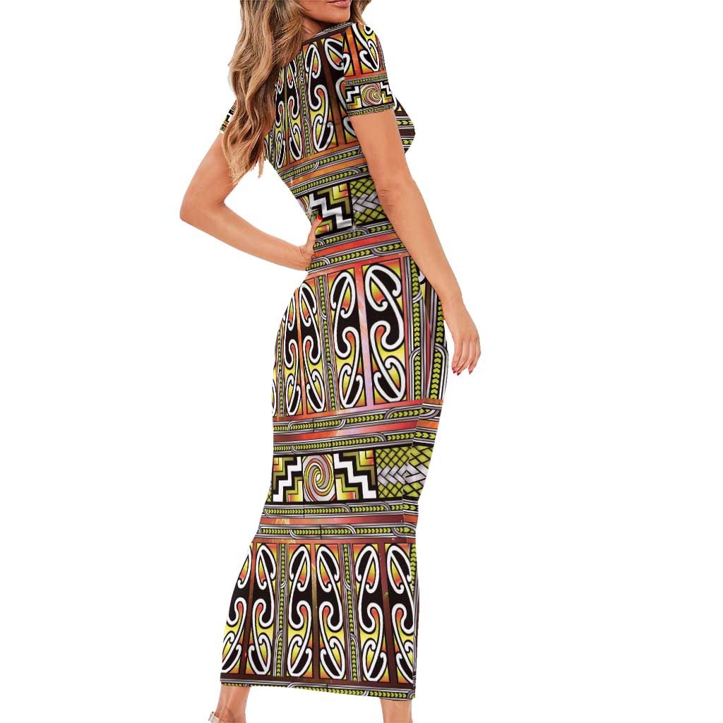 Maori Matariki Family Matching Short Sleeve Bodycon Dress and Hawaiian Shirt Yellow Galaxy Aesthetic Koru Art LT01 - Polynesian Pride