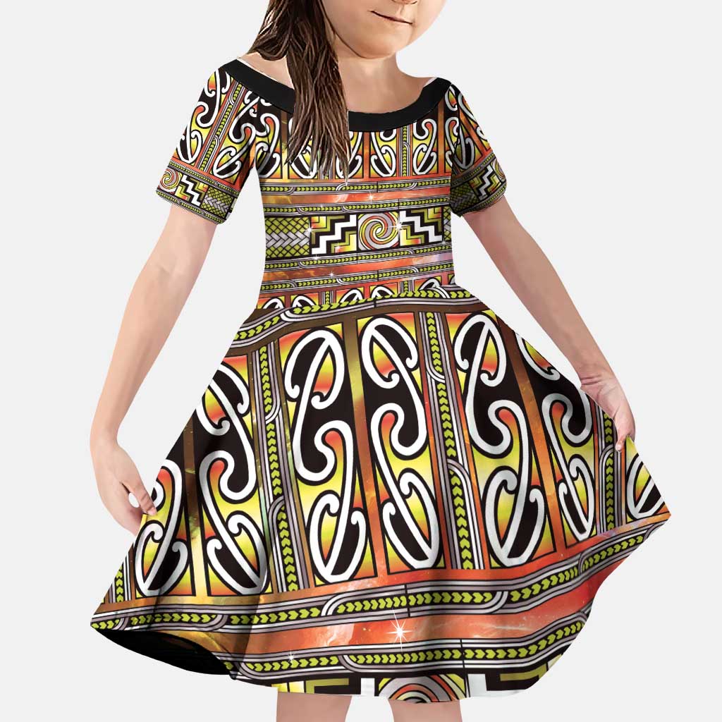 Maori Matariki Family Matching Summer Maxi Dress and Hawaiian Shirt Yellow Galaxy Aesthetic Koru Art LT01 Daughter's Dress Yellow - Polynesian Pride