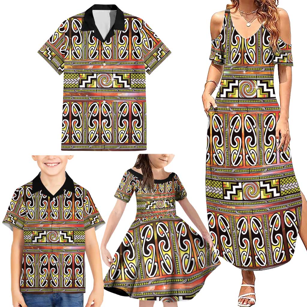 Maori Matariki Family Matching Summer Maxi Dress and Hawaiian Shirt Yellow Galaxy Aesthetic Koru Art