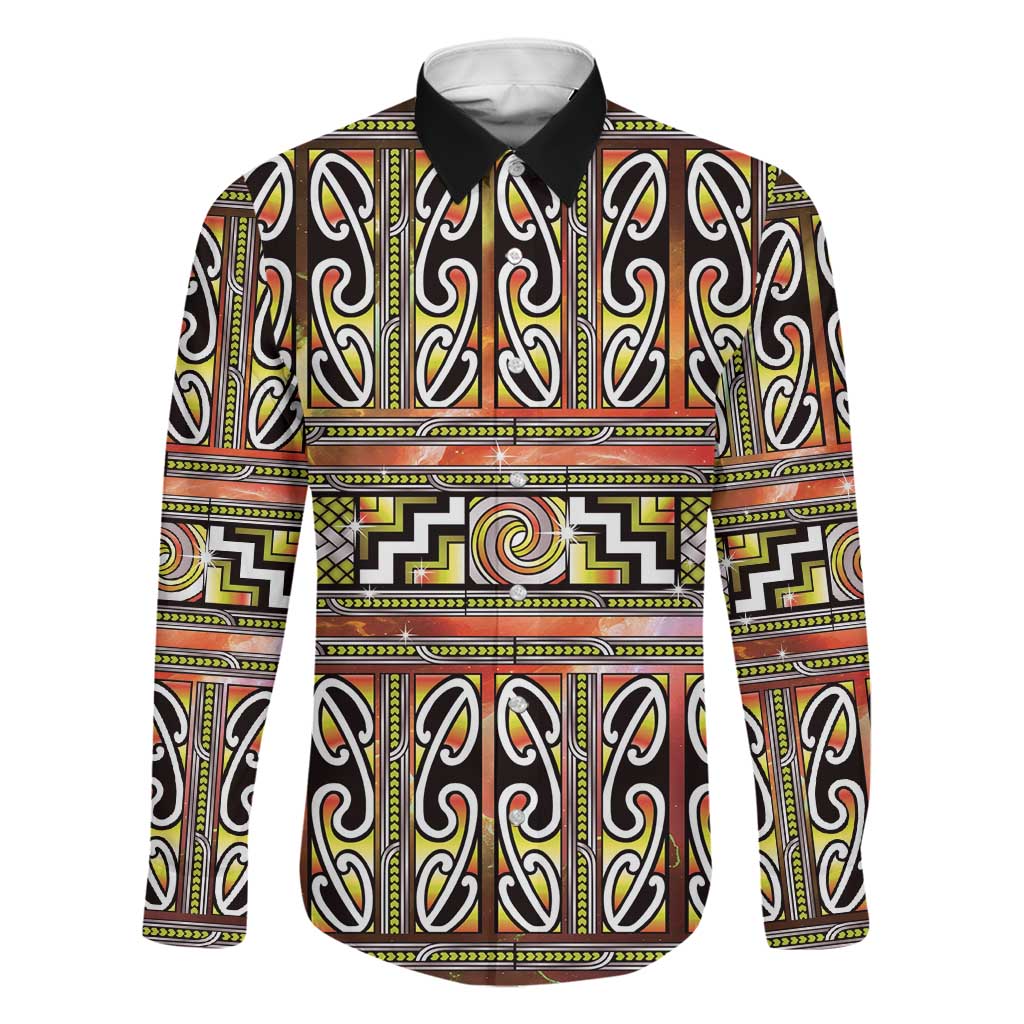 Maori Matariki Family Matching Tank Maxi Dress and Hawaiian Shirt Yellow Galaxy Aesthetic Koru Art LT01 Dad's Shirt - Long Sleeve Yellow - Polynesian Pride