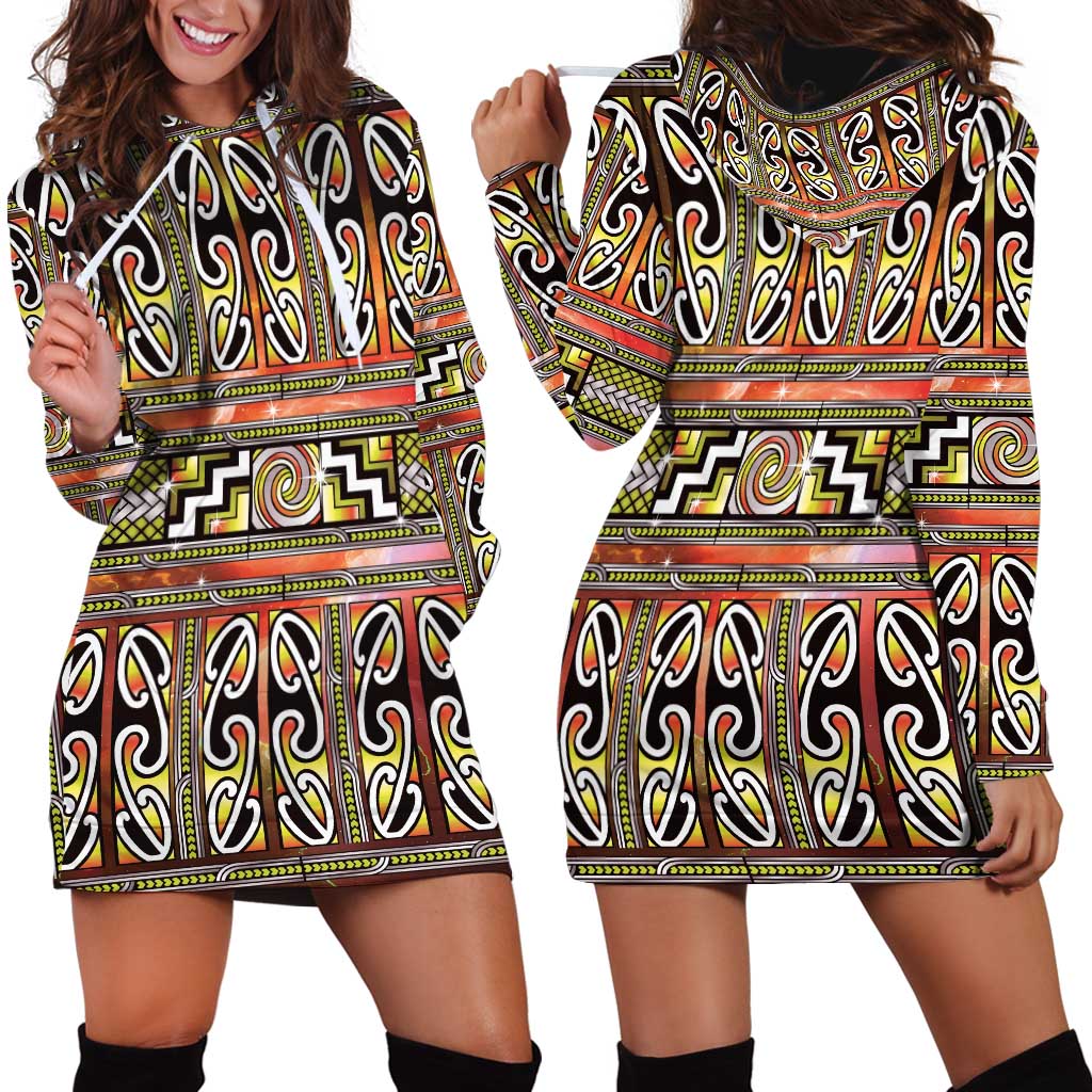 Maori Matariki Hoodie Dress Yellow Galaxy Aesthetic Koru Art