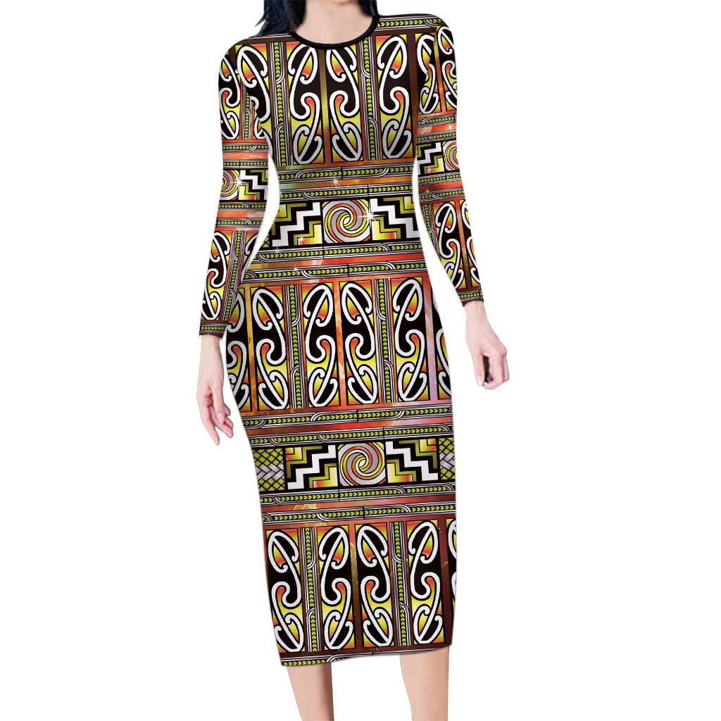 Maori Matariki Long Sleeve Bodycon Dress Yellow Galaxy Aesthetic Koru Art