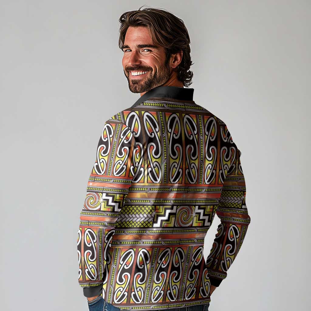 Maori Matariki Long Sleeve Polo Shirt Yellow Galaxy Aesthetic Koru Art