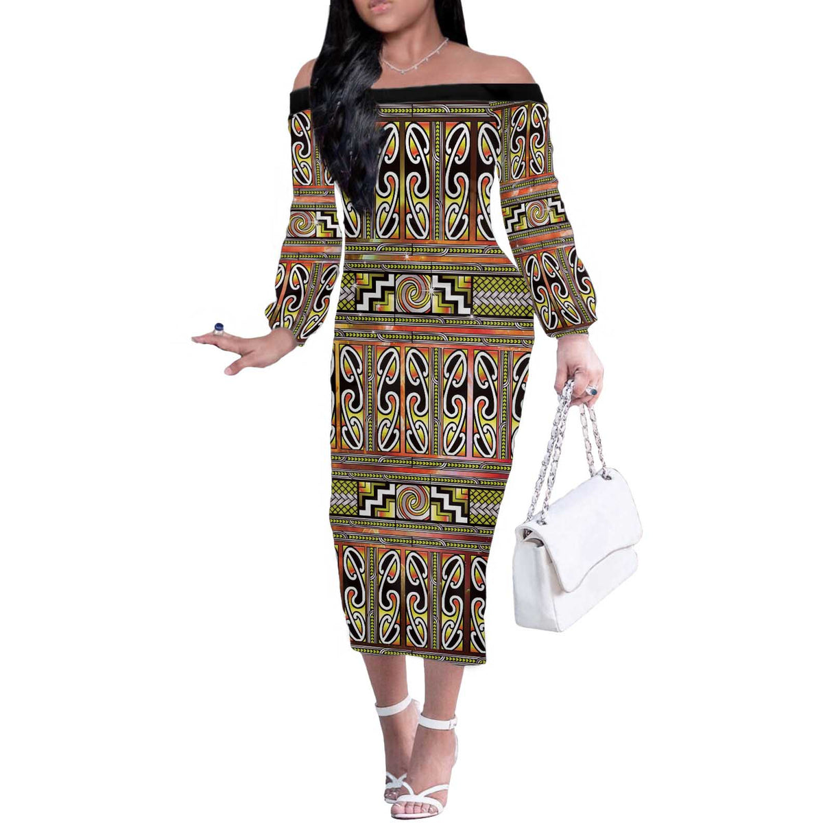 Maori Matariki Off The Shoulder Long Sleeve Dress Yellow Galaxy Aesthetic Koru Art