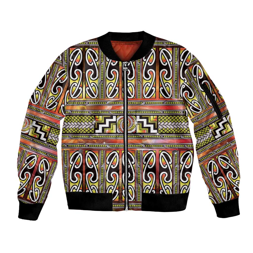 Maori Matariki Sleeve Zip Bomber Jacket Yellow Galaxy Aesthetic Koru Art