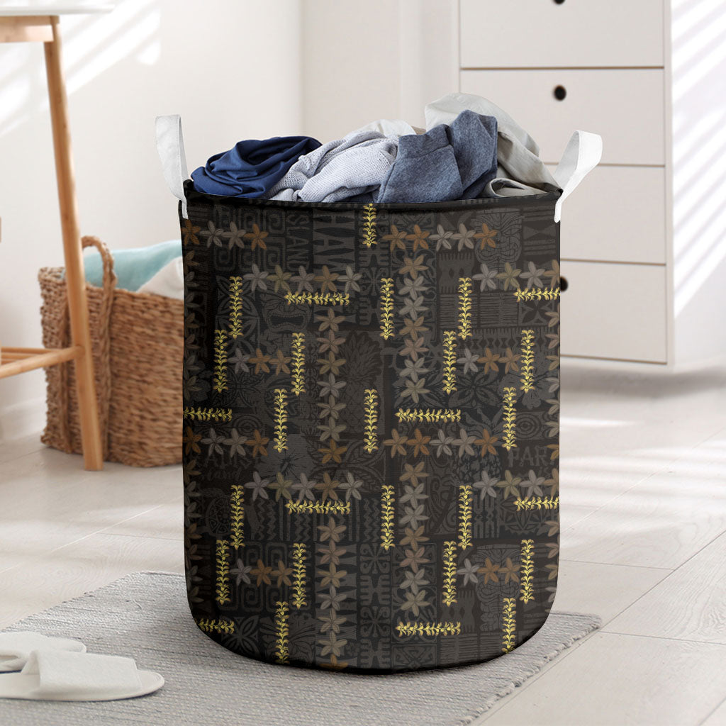 Hawaii Brown Plumeria Lei Black Laundry Basket Frangipani Floral Heritage Art