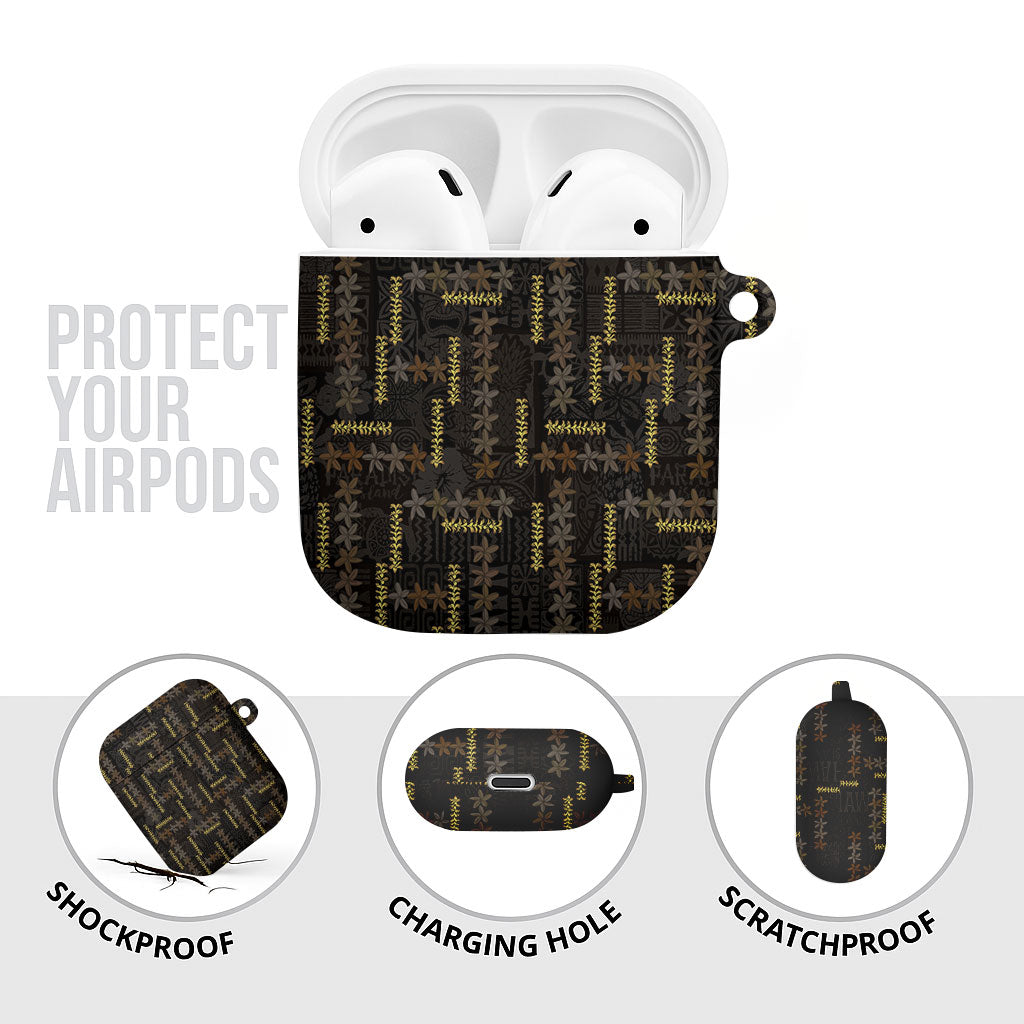 Hawaii Brown Plumeria Lei Black AirPods Case Frangipani Floral Heritage Art