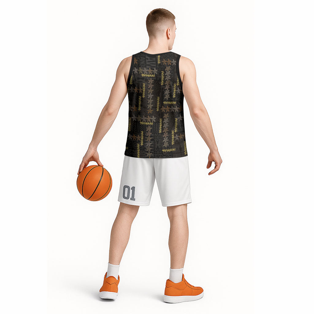 Hawaii Brown Plumeria Lei Black Basketball Jersey Frangipani Floral Heritage Art