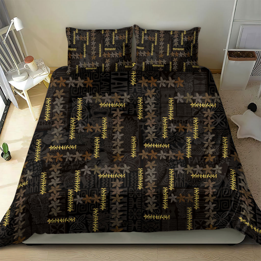 Hawaii Brown Plumeria Lei Black Bedding Set Frangipani Floral Heritage Art