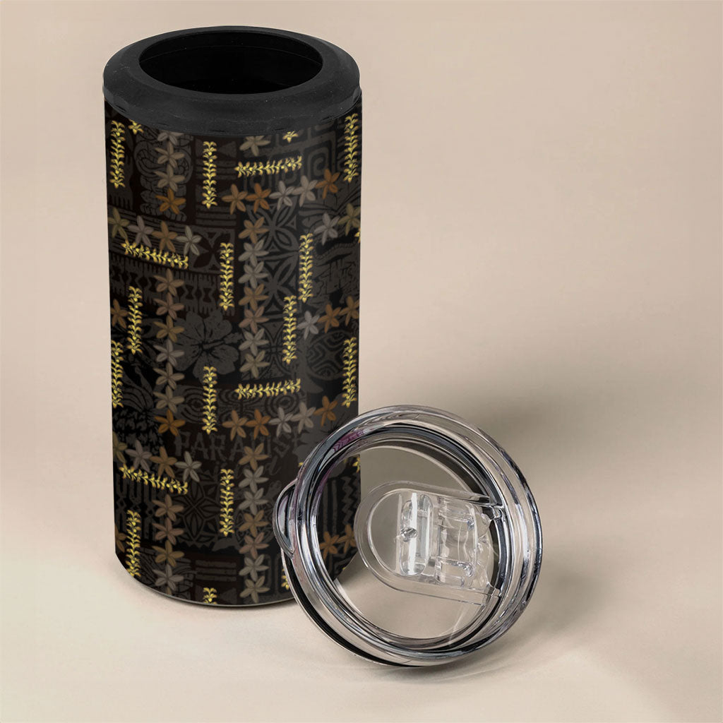 Hawaii Brown Plumeria Lei Black 4 in 1 Can Cooler Tumbler Frangipani Floral Heritage Art