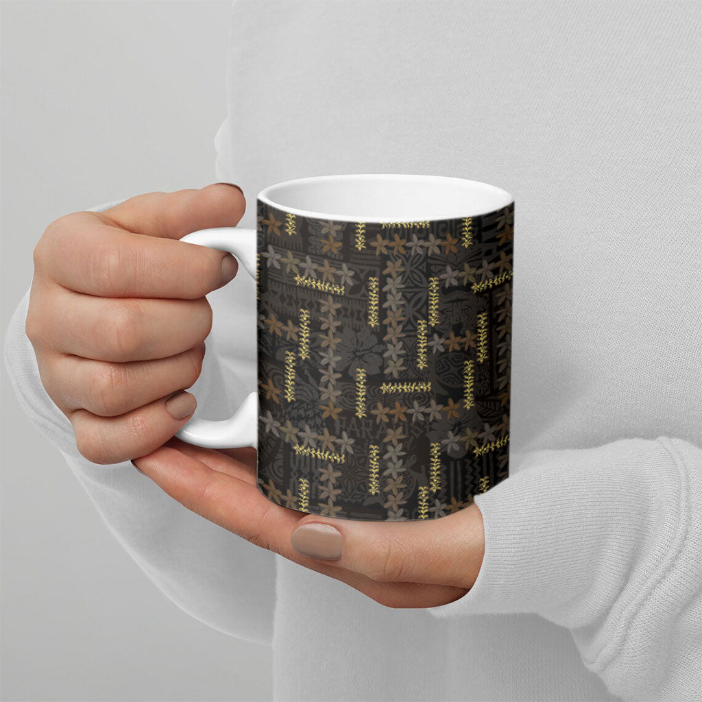 Hawaii Brown Plumeria Lei Black Ceramic Mug Frangipani Floral Heritage Art