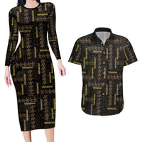 Hawaii Brown Plumeria Lei Black Couples Matching Long Sleeve Bodycon Dress and Hawaiian Shirt Frangipani Floral Heritage Art LT01 Black - Polynesian Pride