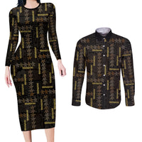 Hawaii Brown Plumeria Lei Black Couples Matching Long Sleeve Bodycon Dress and Long Sleeve Button Shirt Frangipani Floral Heritage Art LT01 Black - Polynesian Pride