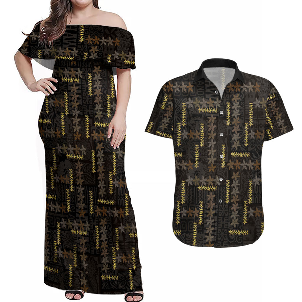 Hawaii Brown Plumeria Lei Black Couples Matching Off Shoulder Maxi Dress and Hawaiian Shirt Frangipani Floral Heritage Art