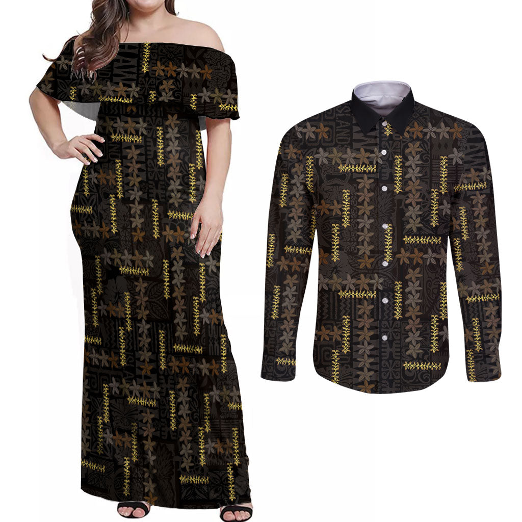 Hawaii Brown Plumeria Lei Black Couples Matching Off Shoulder Maxi Dress and Long Sleeve Button Shirt Frangipani Floral Heritage Art