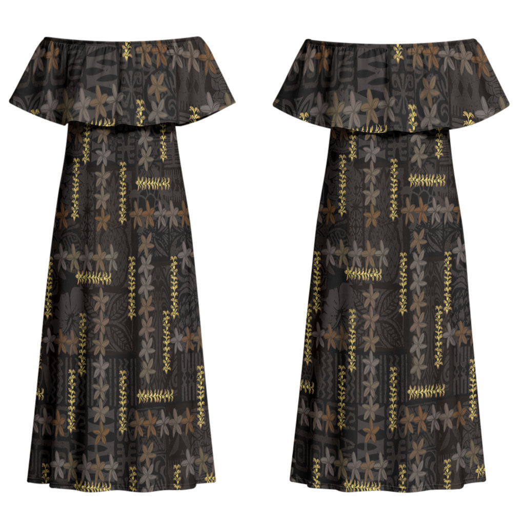 Hawaii Brown Plumeria Lei Black Couples Matching Off Shoulder Maxi Dress and Long Sleeve Button Shirt Frangipani Floral Heritage Art LT01 - Polynesian Pride