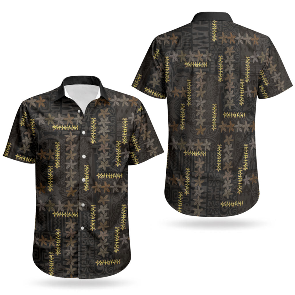 Hawaii Brown Plumeria Lei Black Couples Matching Off Shoulder Short Dress and Hawaiian Shirt Frangipani Floral Heritage Art LT01 - Polynesian Pride