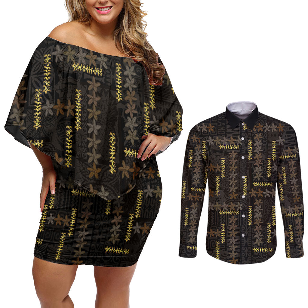 Hawaii Brown Plumeria Lei Black Couples Matching Off Shoulder Short Dress and Long Sleeve Button Shirt Frangipani Floral Heritage Art
