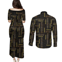 Hawaii Brown Plumeria Lei Black Couples Matching Puletasi and Long Sleeve Button Shirt Frangipani Floral Heritage Art
