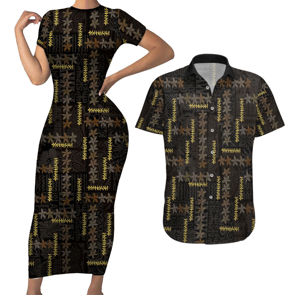 Hawaii Brown Plumeria Lei Black Couples Matching Short Sleeve Bodycon Dress and Hawaiian Shirt Frangipani Floral Heritage Art LT01 Black - Polynesian Pride
