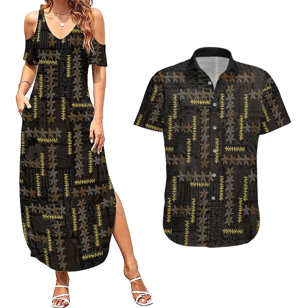 Hawaii Brown Plumeria Lei Black Couples Matching Summer Maxi Dress and Hawaiian Shirt Frangipani Floral Heritage Art