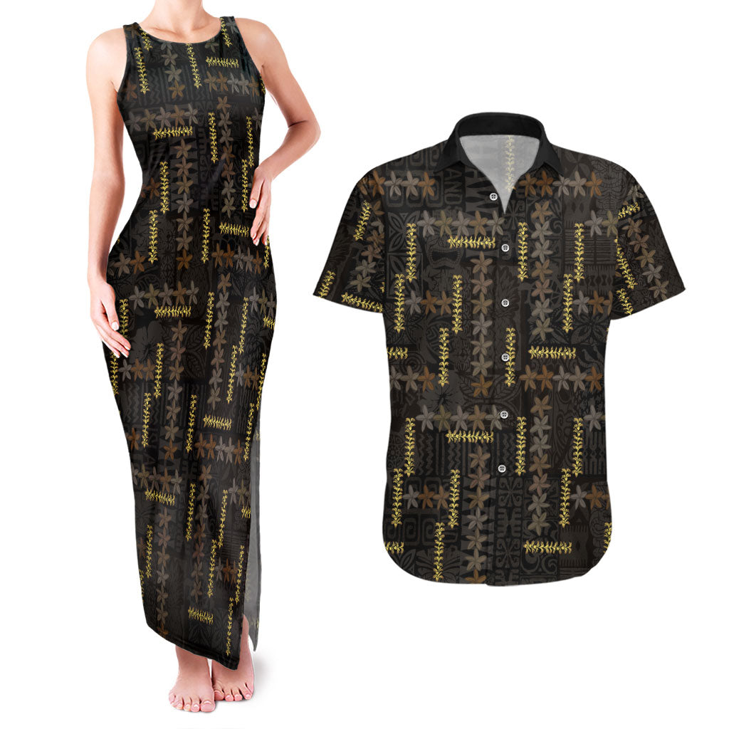 Hawaii Brown Plumeria Lei Black Couples Matching Tank Maxi Dress and Hawaiian Shirt Frangipani Floral Heritage Art