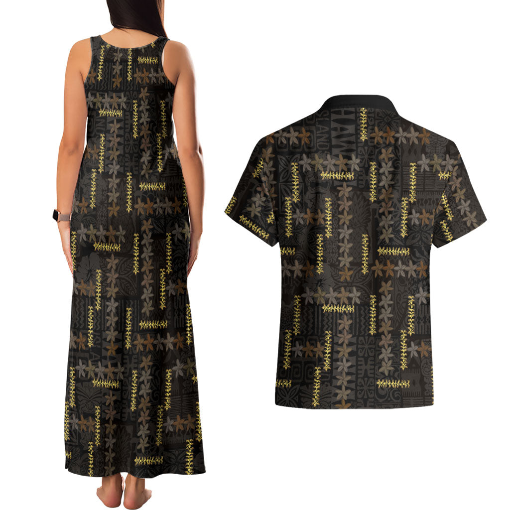 Hawaii Brown Plumeria Lei Black Couples Matching Tank Maxi Dress and Hawaiian Shirt Frangipani Floral Heritage Art LT01 - Polynesian Pride