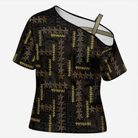 Hawaii Brown Plumeria Lei Black Cross Shoulder Shirt Frangipani Floral Heritage Art