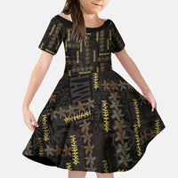 Hawaii Brown Plumeria Lei Black Family Matching Off The Shoulder Long Sleeve Dress and Hawaiian Shirt Frangipani Floral Heritage Art LT01 Daughter's Dress Black - Polynesian Pride