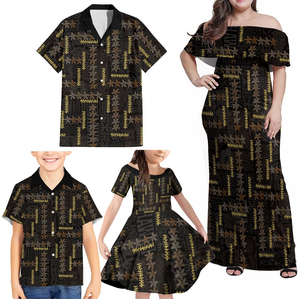 Hawaii Brown Plumeria Lei Black Family Matching Off Shoulder Maxi Dress and Hawaiian Shirt Frangipani Floral Heritage Art