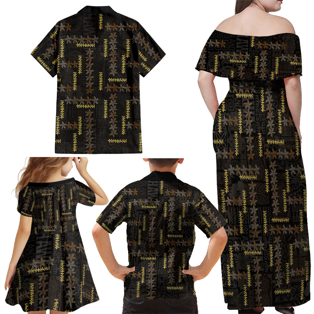 Hawaii Brown Plumeria Lei Black Family Matching Off Shoulder Maxi Dress and Hawaiian Shirt Frangipani Floral Heritage Art LT01 - Polynesian Pride