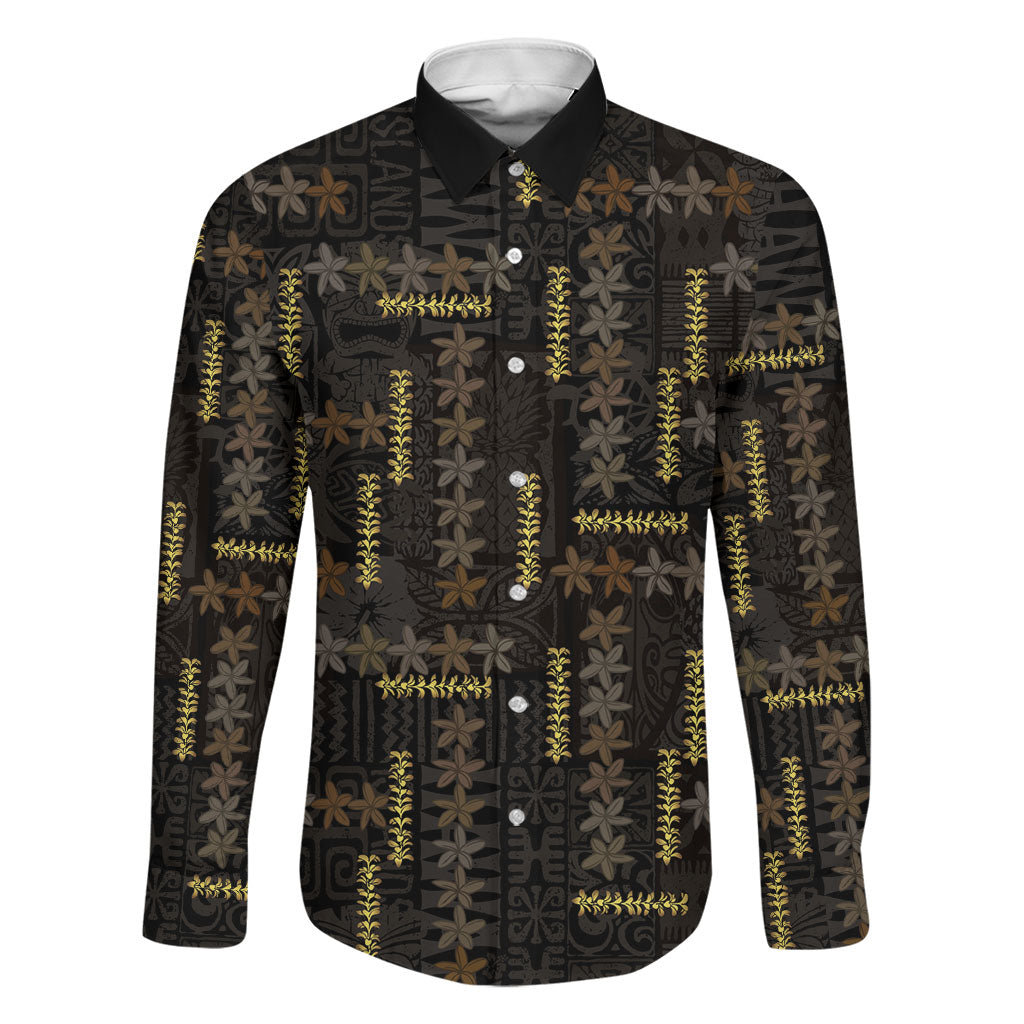 Hawaii Brown Plumeria Lei Black Family Matching Off Shoulder Maxi Dress and Hawaiian Shirt Frangipani Floral Heritage Art LT01 Dad's Shirt - Long Sleeve Black - Polynesian Pride