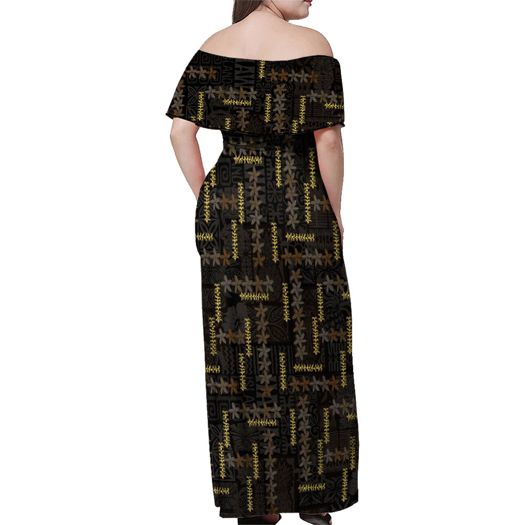 Hawaii Brown Plumeria Lei Black Family Matching Off Shoulder Maxi Dress and Hawaiian Shirt Frangipani Floral Heritage Art LT01 - Polynesian Pride