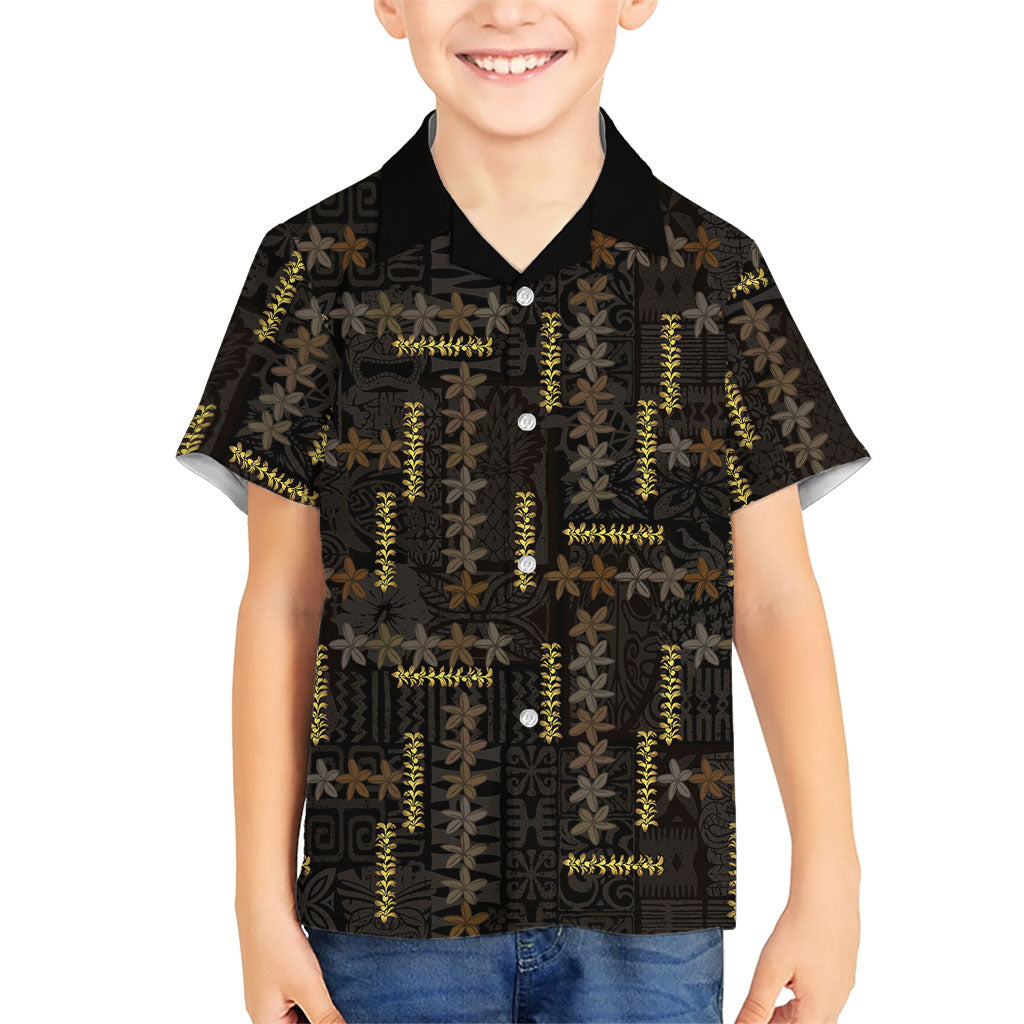 Hawaii Brown Plumeria Lei Black Family Matching Off Shoulder Maxi Dress and Hawaiian Shirt Frangipani Floral Heritage Art LT01 Son's Shirt Black - Polynesian Pride