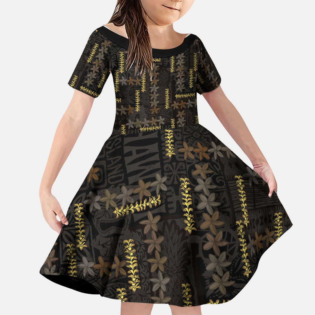 Hawaii Brown Plumeria Lei Black Family Matching Short Sleeve Bodycon Dress and Hawaiian Shirt Frangipani Floral Heritage Art LT01 Daughter's Dress Black - Polynesian Pride