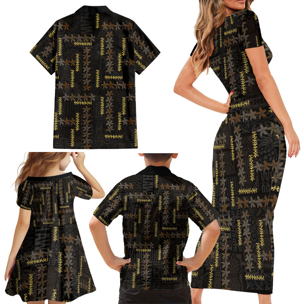 Hawaii Brown Plumeria Lei Black Family Matching Short Sleeve Bodycon Dress and Hawaiian Shirt Frangipani Floral Heritage Art LT01 - Polynesian Pride