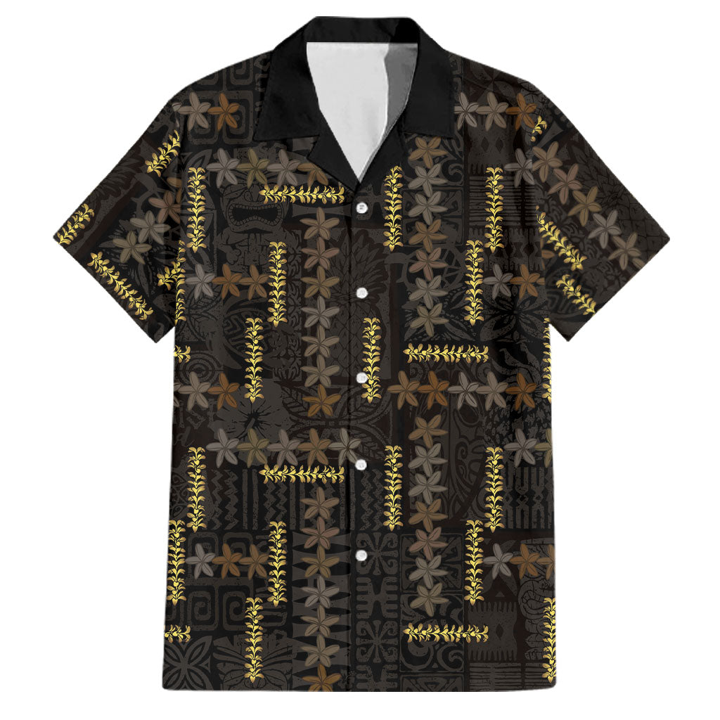 Hawaii Brown Plumeria Lei Black Family Matching Summer Maxi Dress and Hawaiian Shirt Frangipani Floral Heritage Art LT01 Dad's Shirt - Short Sleeve Black - Polynesian Pride