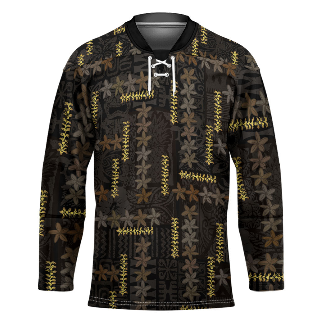 Hawaii Brown Plumeria Lei Black Hockey Jersey Frangipani Floral Heritage Art