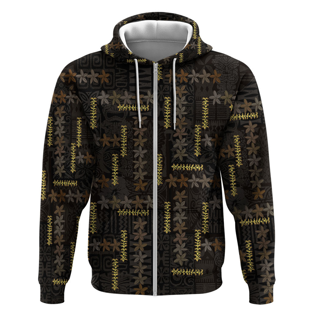 Hawaii Brown Plumeria Lei Black Hoodie Frangipani Floral Heritage Art LT01 Zip Hoodie Black - Polynesian Pride