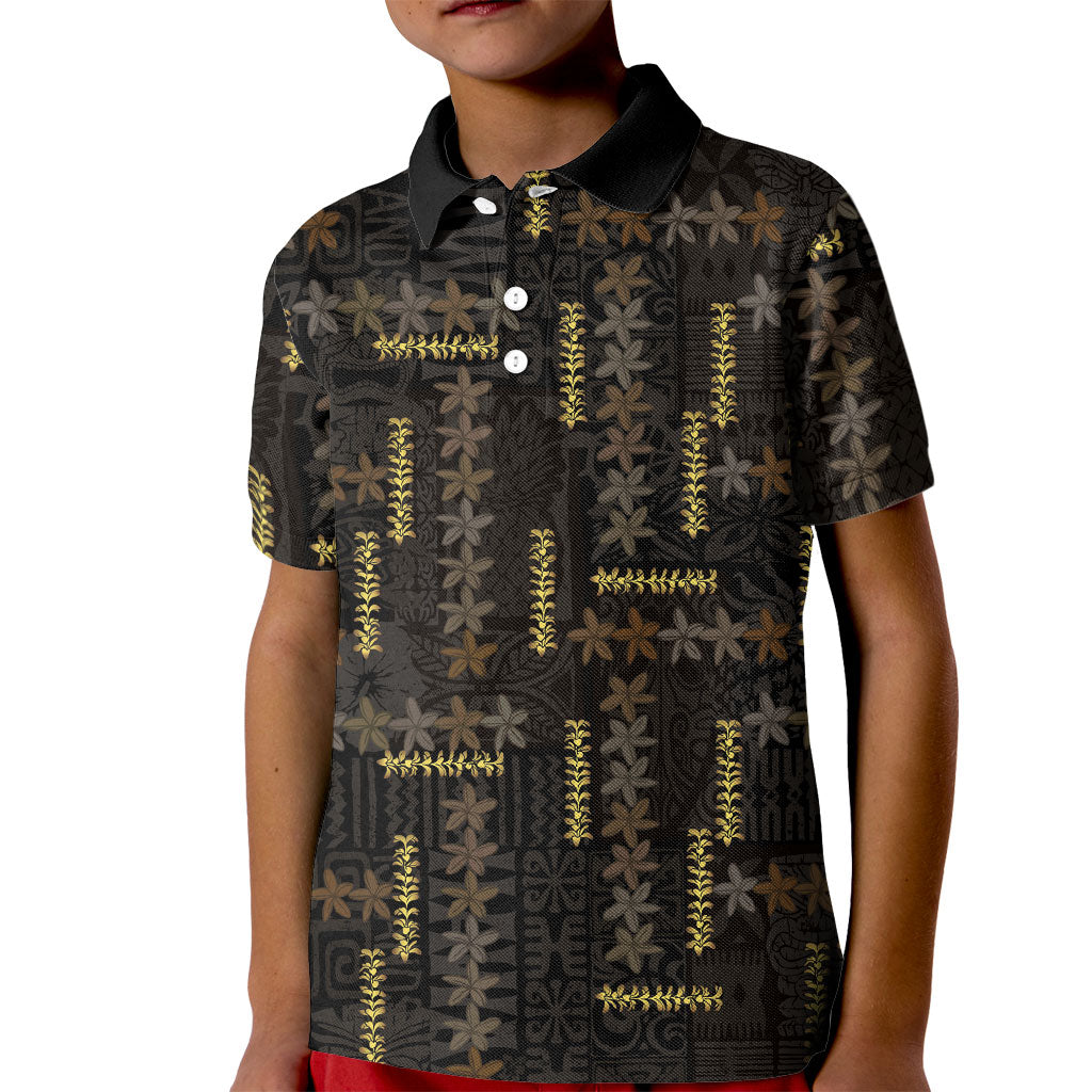 Hawaii Brown Plumeria Lei Black Kid Polo Shirt Frangipani Floral Heritage Art LT01 Kid Black - Polynesian Pride
