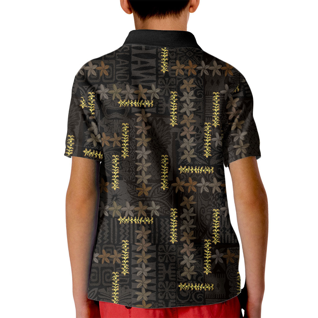 Hawaii Brown Plumeria Lei Black Kid Polo Shirt Frangipani Floral Heritage Art LT01 - Polynesian Pride