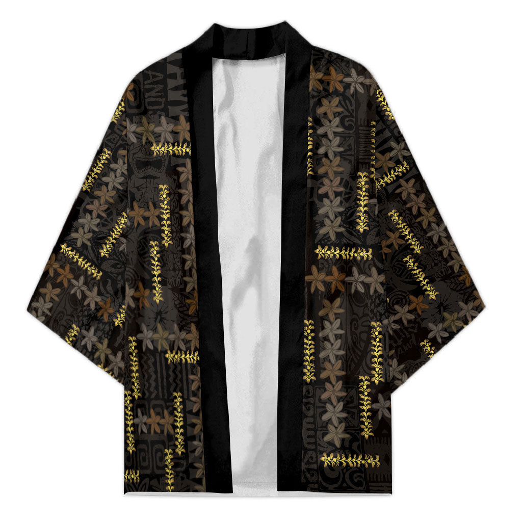 Hawaii Brown Plumeria Lei Black Kimono Frangipani Floral Heritage Art