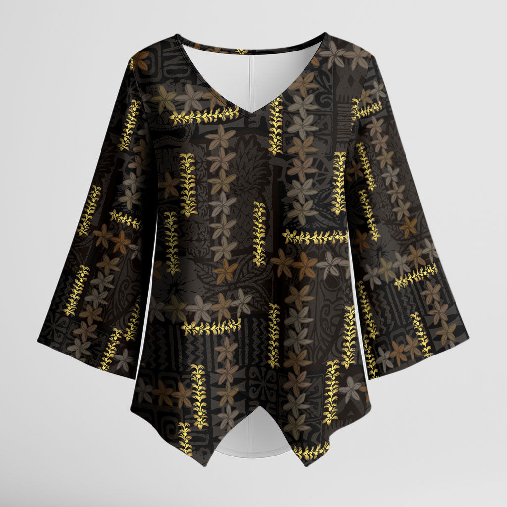 Hawaii Brown Plumeria Lei Black Kimono Sleeve Blouse Frangipani Floral Heritage Art