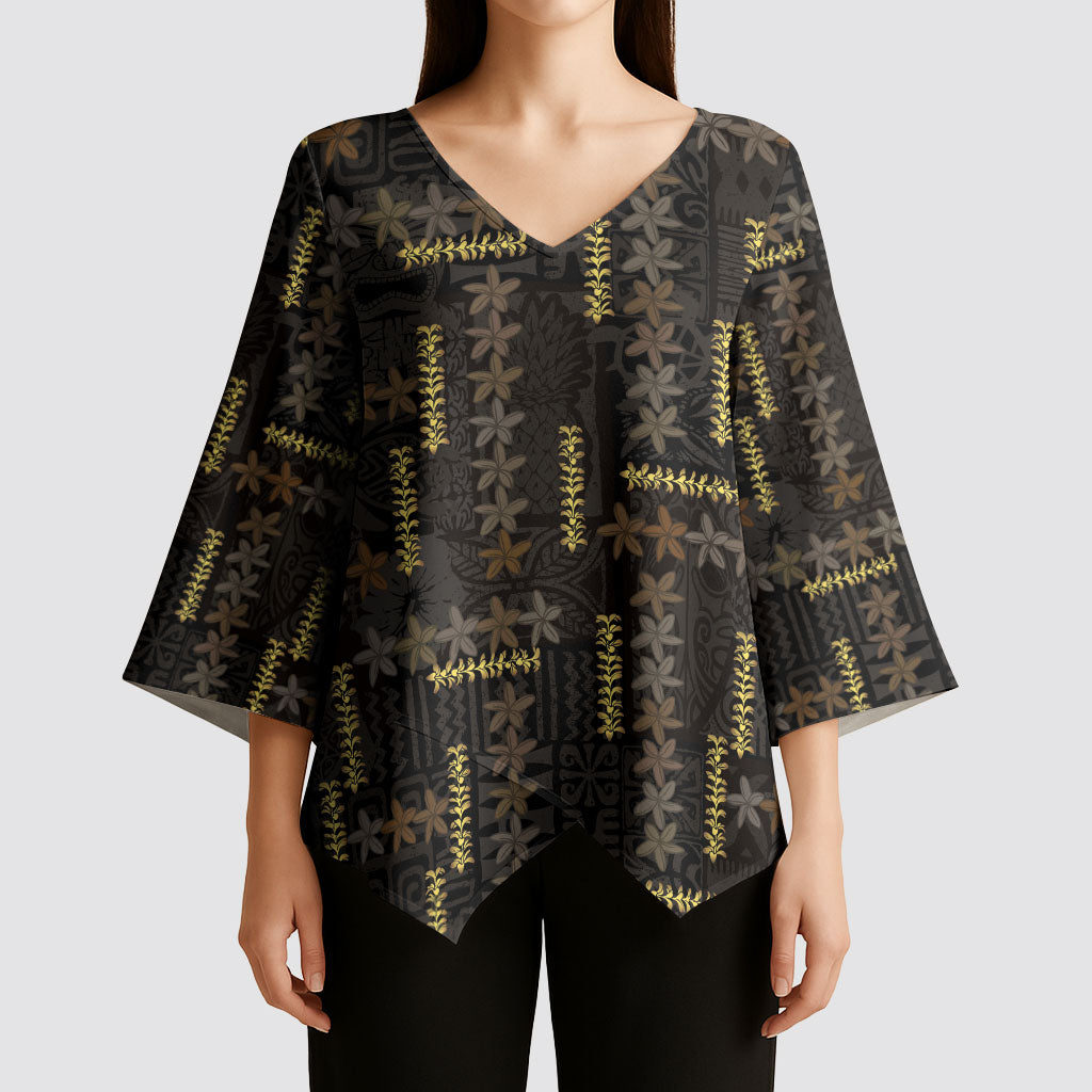 Hawaii Brown Plumeria Lei Black Kimono Sleeve Blouse Frangipani Floral Heritage Art