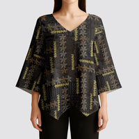 Hawaii Brown Plumeria Lei Black Kimono Sleeve Blouse Frangipani Floral Heritage Art