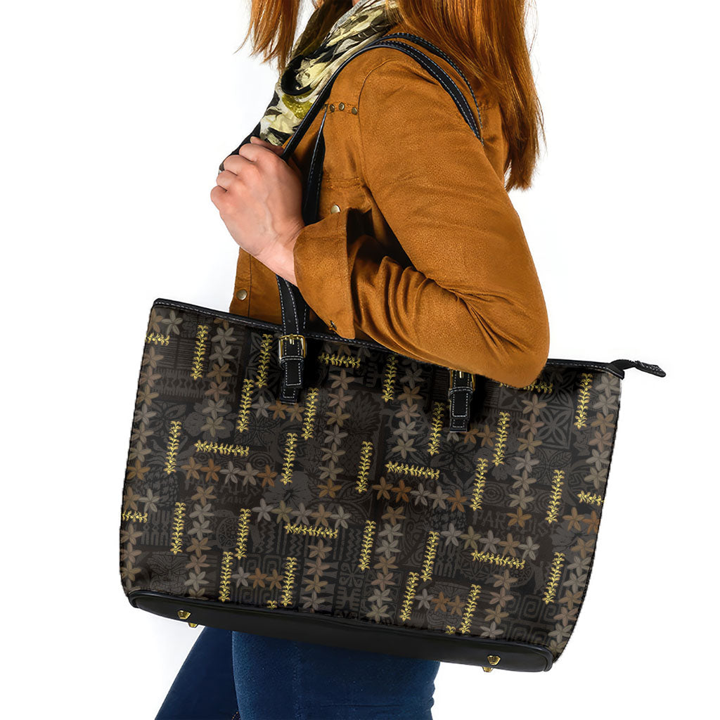 Hawaii Brown Plumeria Lei Black Leather Tote Bag Frangipani Floral Heritage Art LT01 Black - Polynesian Pride