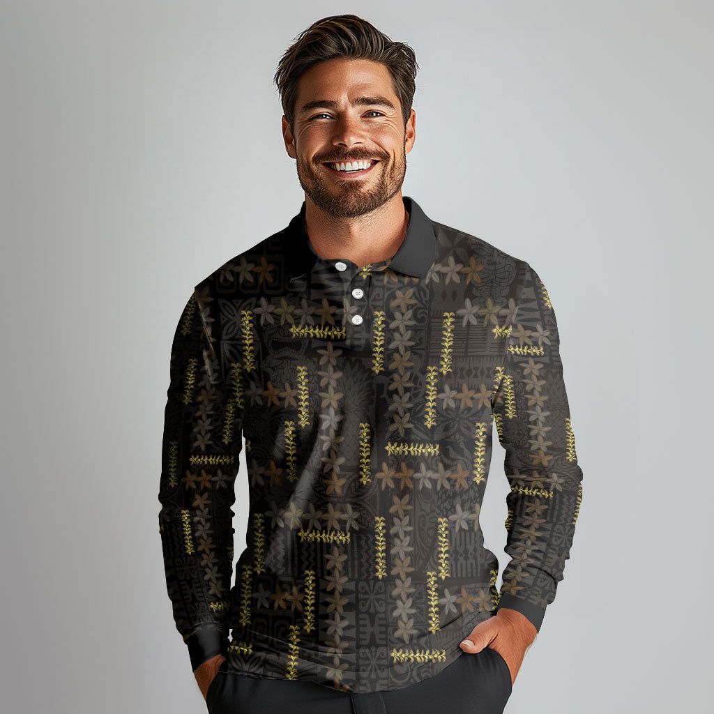 Hawaii Brown Plumeria Lei Black Long Sleeve Polo Shirt Frangipani Floral Heritage Art